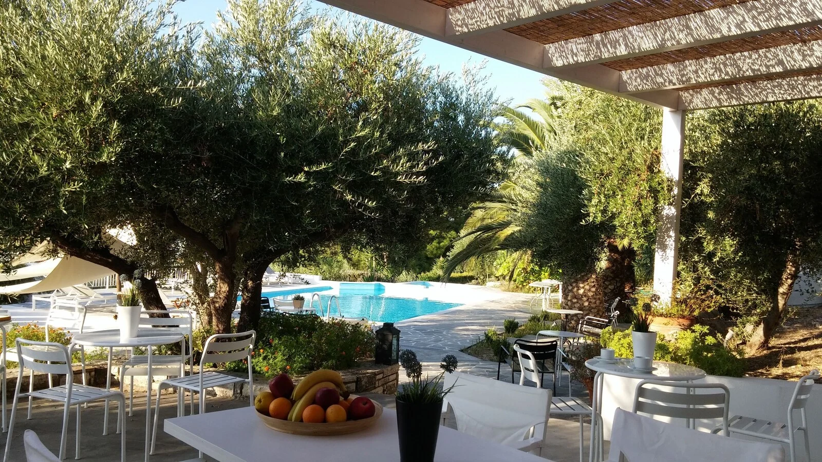 Outdoor dining tables with a fruit bowl beside the pool.